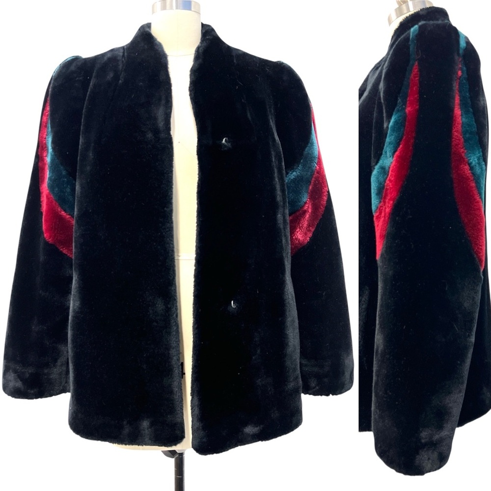 Vintage Faux Fur Coat Jacket Sasson New York Paris Sz XS S Black 80s w Stripes